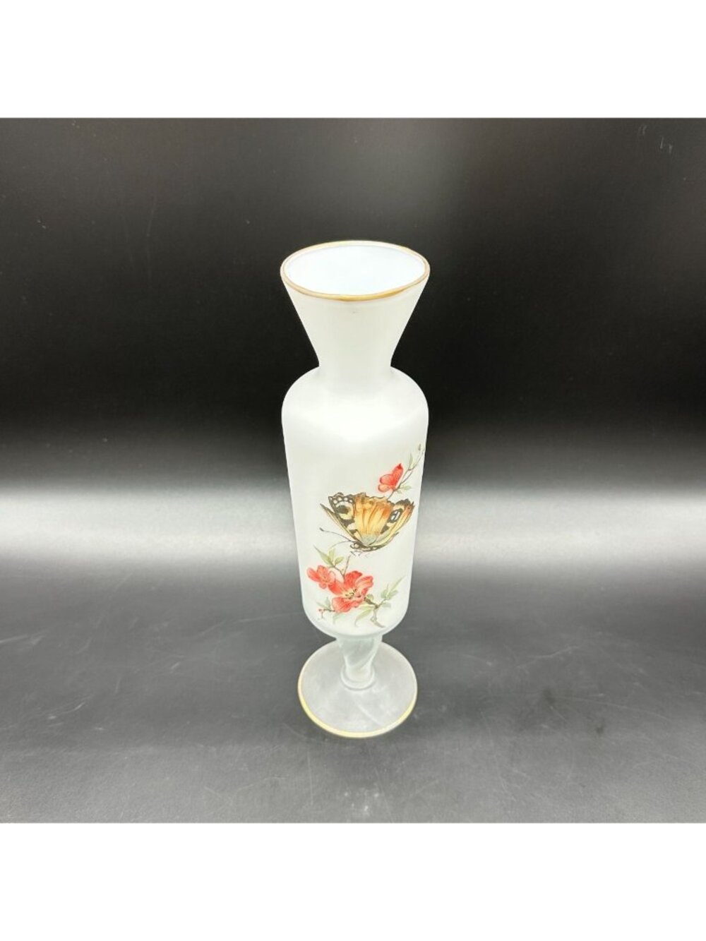 Vintage Satin Glass Vase Butterfly Floral Twisted Pedestal Gold Trim Frosted